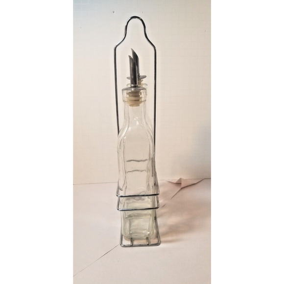 Oil and Vinegar Bottle Cruet Set with Wire Caddy 8.5 oz. Green tint Glass - Picture 4 of 5